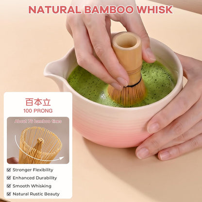 Matcha Whisk Set, Complete Matcha Kit with Bowl, Bamboo Whisk & Holder, Scoop, Sifter, Glass Cup with Lid & Straw, Ice Cube Tray – Matcha Gift Set for Matcha Lovers