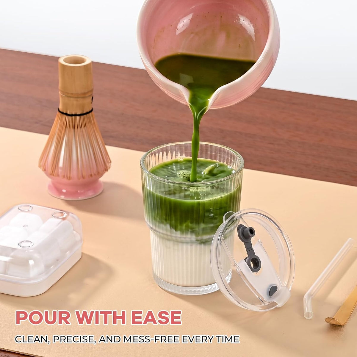 Matcha Whisk Set, Complete Matcha Kit with Bowl, Bamboo Whisk & Holder, Scoop, Sifter, Glass Cup with Lid & Straw, Ice Cube Tray – Matcha Gift Set for Matcha Lovers