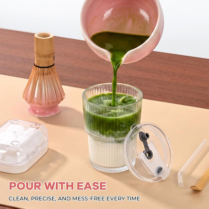 Matcha Whisk Set, Complete Matcha Kit with Bowl, Bamboo Whisk & Holder, Scoop, Sifter, Glass Cup with Lid & Straw, Ice Cube Tray – Matcha Gift Set for Matcha Lovers