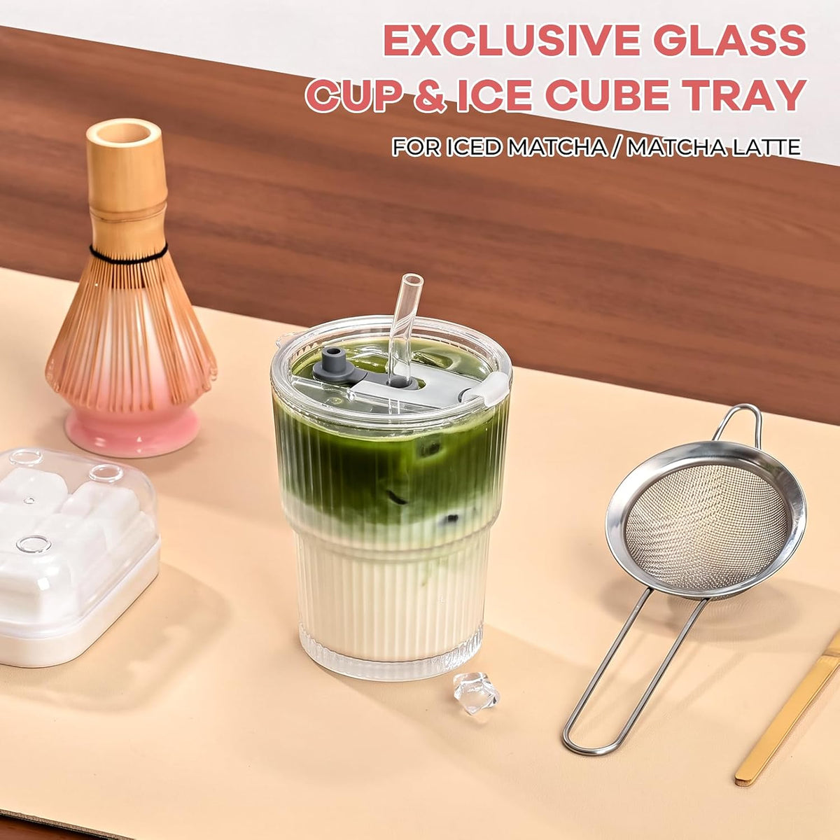 Matcha Whisk Set, Complete Matcha Kit with Bowl, Bamboo Whisk & Holder, Scoop, Sifter, Glass Cup with Lid & Straw, Ice Cube Tray – Matcha Gift Set for Matcha Lovers