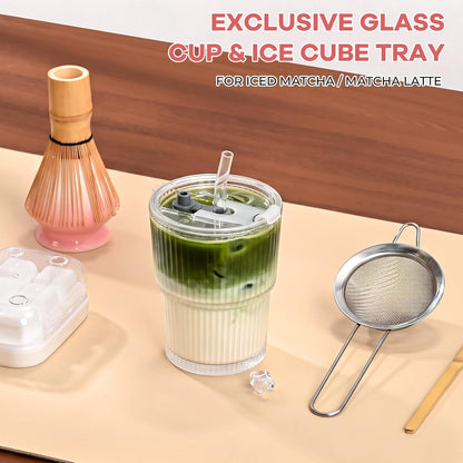 Matcha Whisk Set, Complete Matcha Kit with Bowl, Bamboo Whisk & Holder, Scoop, Sifter, Glass Cup with Lid & Straw, Ice Cube Tray – Matcha Gift Set for Matcha Lovers