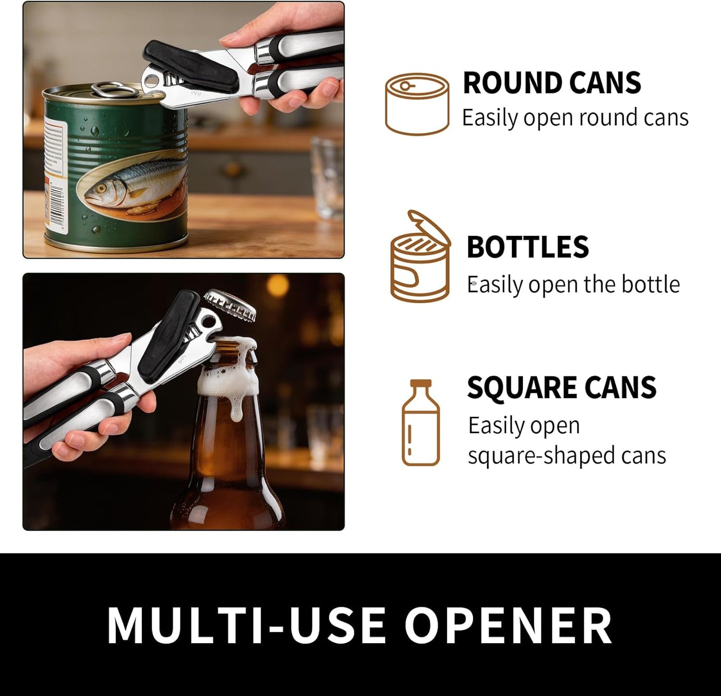 Can Opener Manual, Handheld Strong Heavy Duty Stainless Steel Can Opener, Comfortable Handle, Sharp Blade Smooth Edge, Can Openers with Multifunctional Bottle Opener
