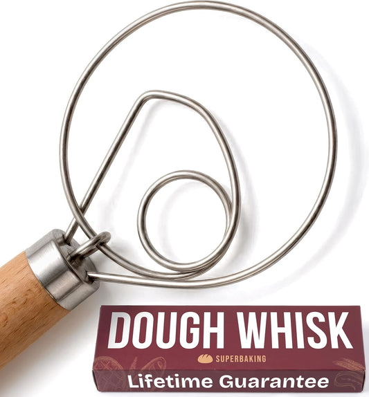 Danish Dough Whisk - 12" Bread Whisk for Dough Mixing - Single Eye Design Sourdough Whisk - Sourdough Bread Baking Supplies - Bread Making Tools and Accessories - Ergonomic Wooden Handle