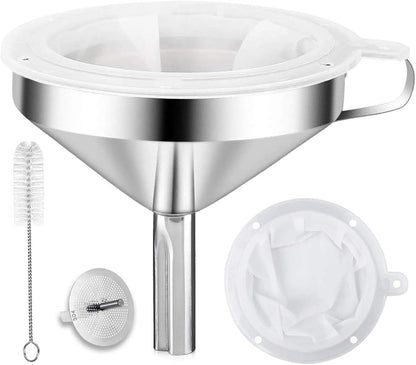 Kitchen Funnel for Filling Bottles, 304 Stainless Steel Food Funnels with Strainer and 200 Mesh Filter, Metal Funnel Set for Transferring Canning Oil Coffee
