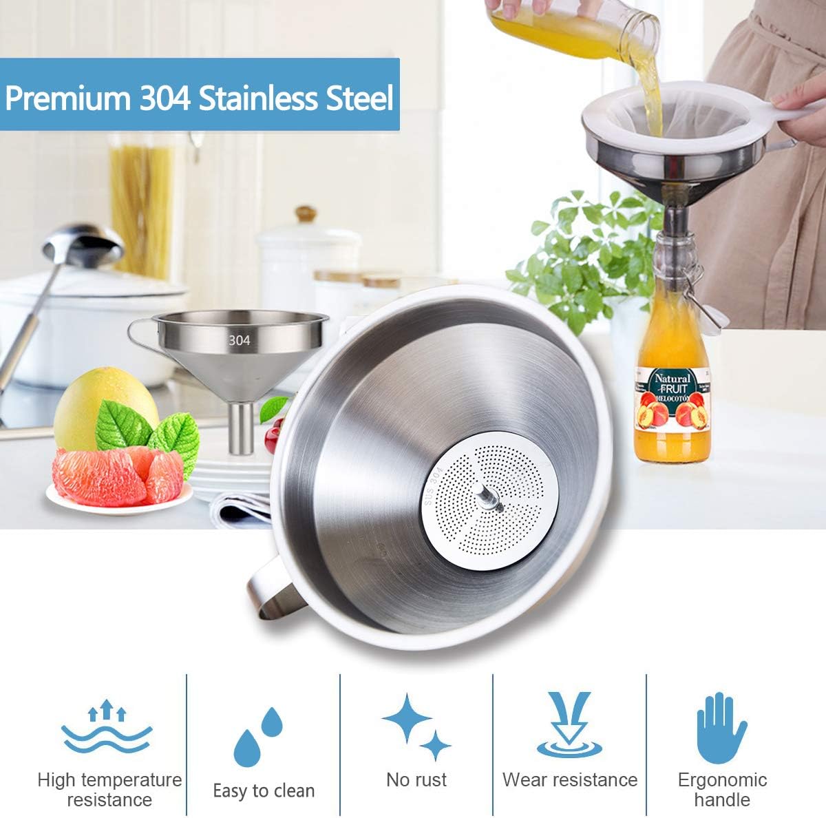 Kitchen Funnel for Filling Bottles, 304 Stainless Steel Food Funnels with Strainer and 200 Mesh Filter, Metal Funnel Set for Transferring Canning Oil Coffee