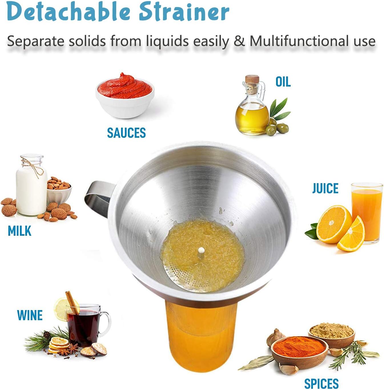 Kitchen Funnel for Filling Bottles, 304 Stainless Steel Food Funnels with Strainer and 200 Mesh Filter, Metal Funnel Set for Transferring Canning Oil Coffee