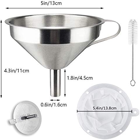 Kitchen Funnel for Filling Bottles, 304 Stainless Steel Food Funnels with Strainer and 200 Mesh Filter, Metal Funnel Set for Transferring Canning Oil Coffee