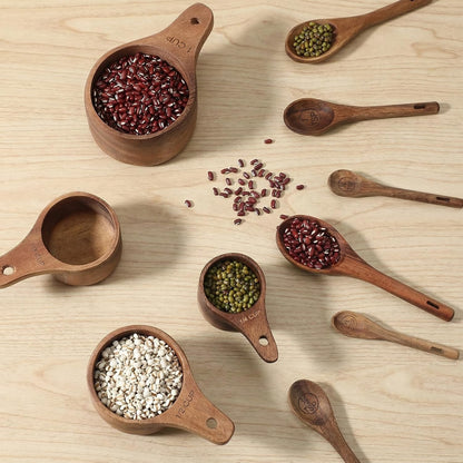 10-Piece Wooden Measuring Cups and Spoons Set, Handcrafted Acacia Wooden Measuring Cups - Solid Acacia Wood, Laser Engraved, Wood Rustic Kitchen Accessories for Baking, Cooking