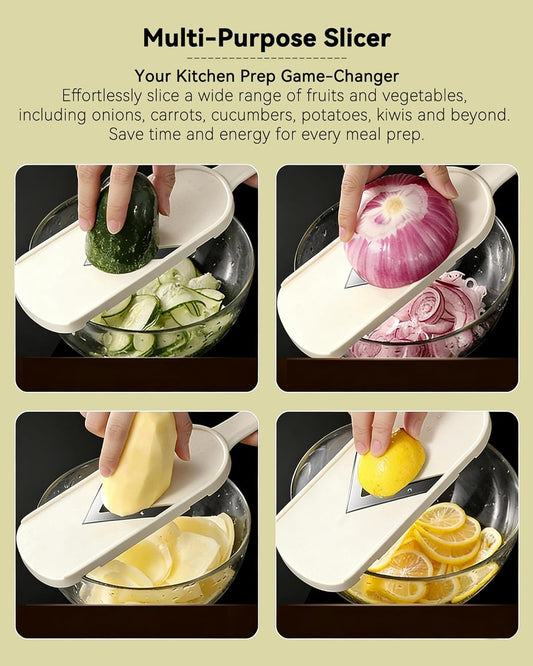 Handheld Mandoline Slicer for Kitchen - Stainless Steel V-Blades | Food Holder & Cleaning Brush, Comfort Grip, Easy to Clean, Vegetable Chopper Cheese Grater