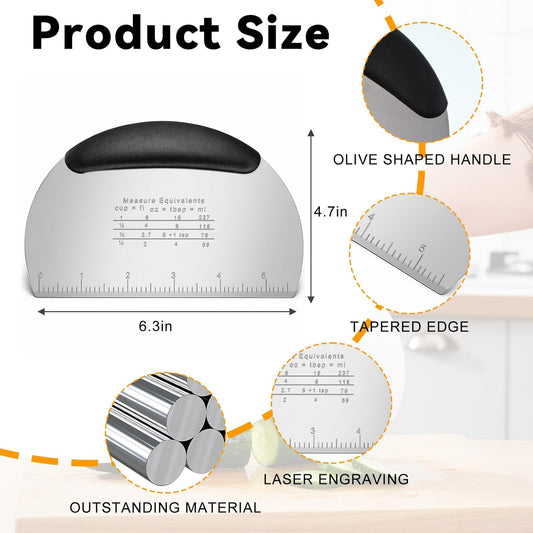 Stainless Steel Dough Scraper with Grip Handles, Premium Stainless Steel Dough Scraper Bench Scrapers Cutter Tool Multipurpose Pro Heavy Duty Pastry Scrapers Cutter with Measuring Scale