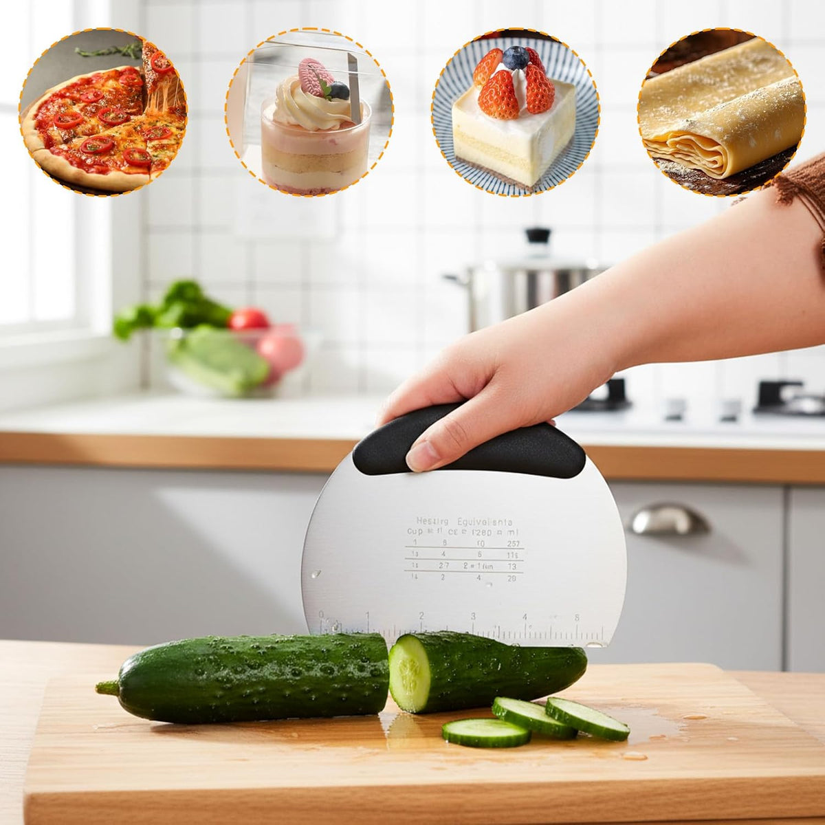 Stainless Steel Dough Scraper with Grip Handles, Premium Stainless Steel Dough Scraper Bench Scrapers Cutter Tool Multipurpose Pro Heavy Duty Pastry Scrapers Cutter with Measuring Scale