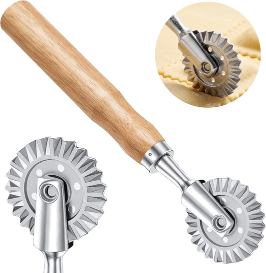 Pastry Cutter Wheel, Fluted Pasta Cutter Ravioli Cutters with Wooden Handle 1.5" Diameter Pasta Cutters Wheel for Ravioli, Dumplings, Lasagna, Pierogi and Cookies 360° Effortless Cutting