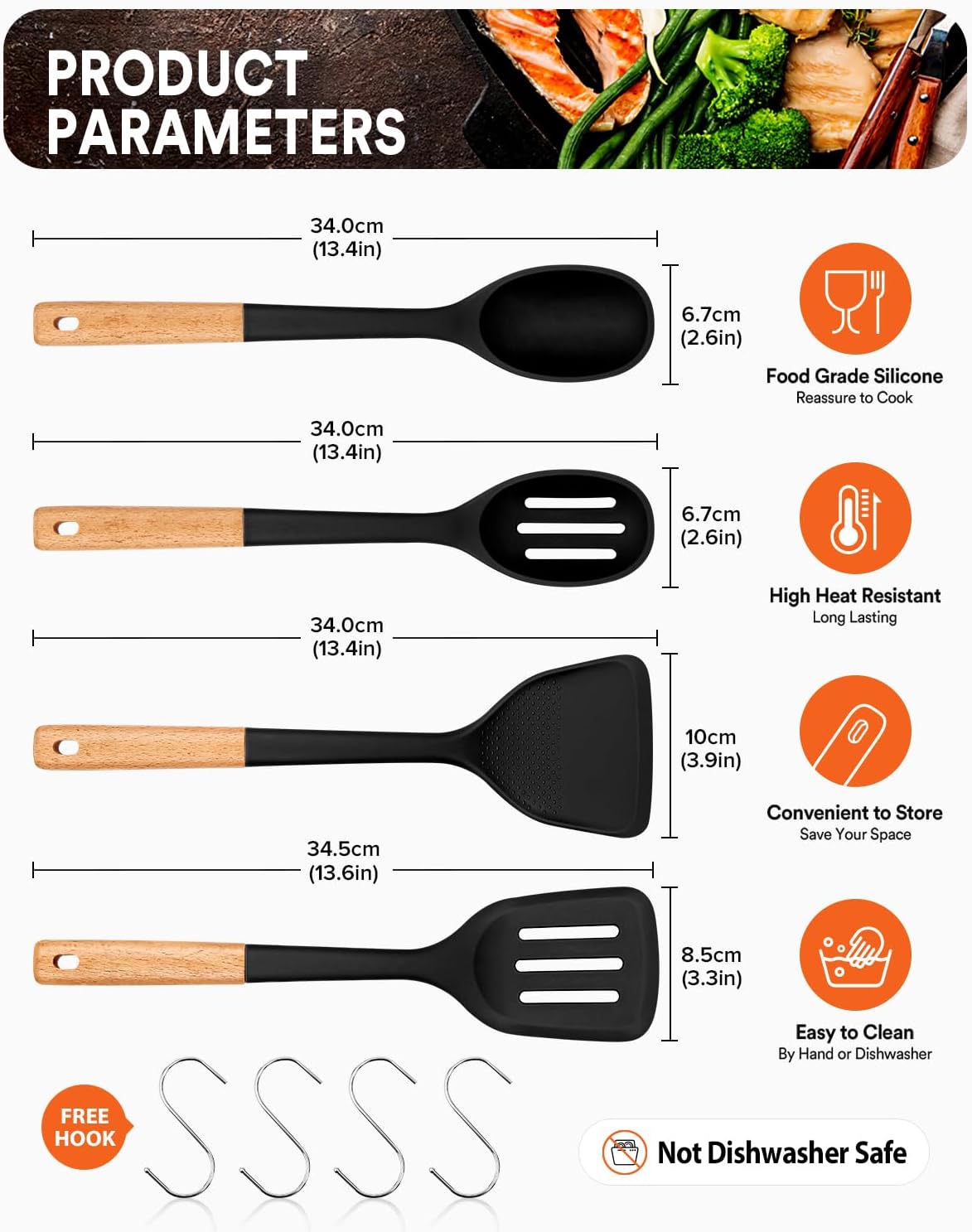 Silicone Cooking Utensils Set, Safe for Nonstick Cookwares, Black