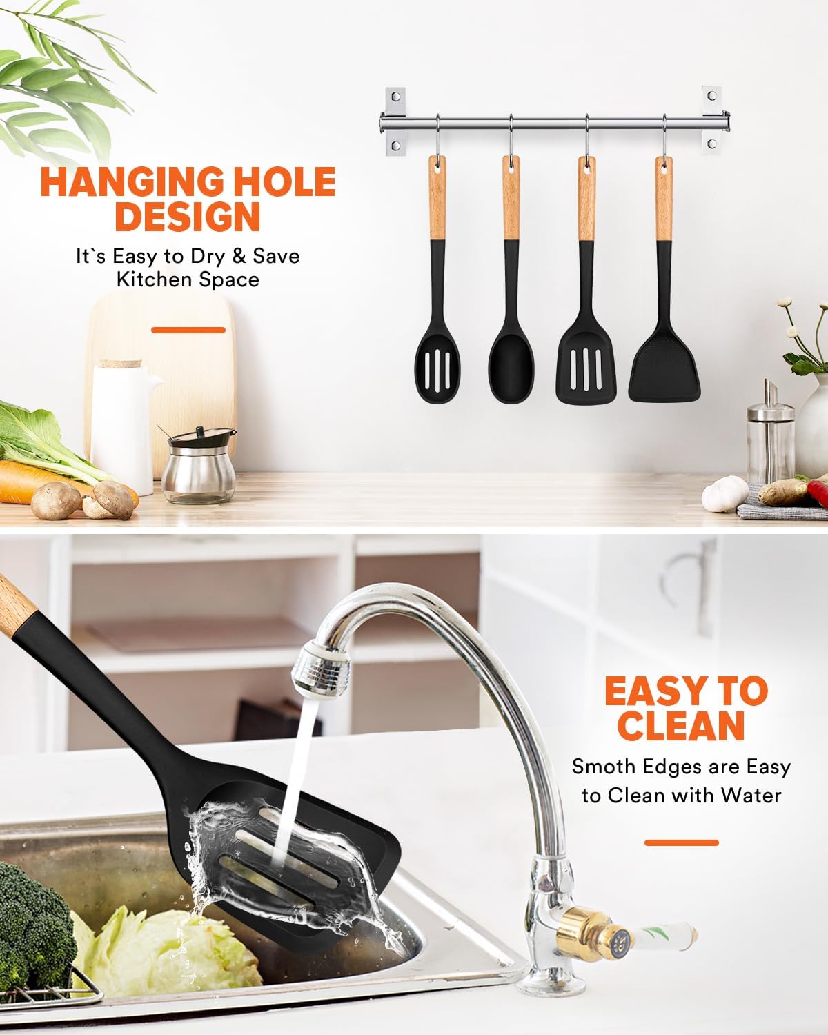 Silicone Cooking Utensils Set, Safe for Nonstick Cookwares, Black