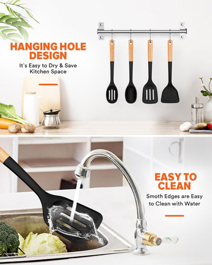 Silicone Cooking Utensils Set, Safe for Nonstick Cookwares, Black