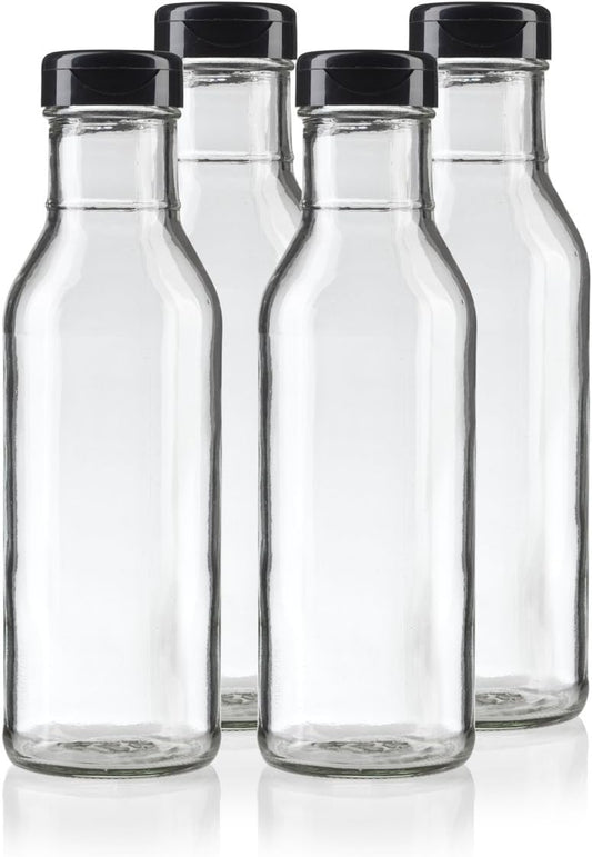 12 oz Professional Clear Glass Thick Wall Sauce Bottle with Drip Resistant Flip Top Cap (4 Pack) for BBQ Sauce, Salad Dressings, more