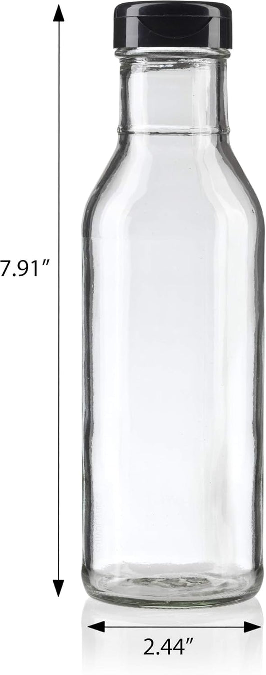 12 oz Professional Clear Glass Thick Wall Sauce Bottle with Drip Resistant Flip Top Cap (4 Pack) for BBQ Sauce, Salad Dressings, more