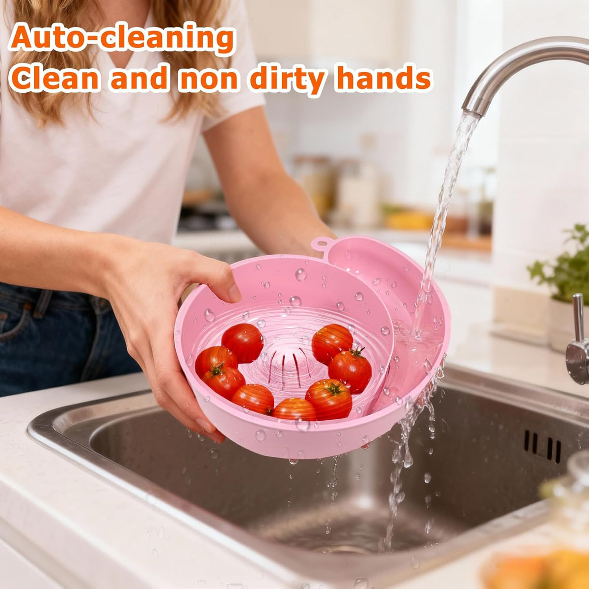Snail Shape Drainer, 2-Pack Automatic Spin Fruit & Vegetable Washer, Just Add Water to Rotate for Cleaning Salad Berries, Food-Grade Colander Basket, Space Saving for Small Kitchen (Pink & White)