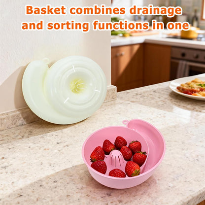 Snail Shape Drainer, 2-Pack Automatic Spin Fruit & Vegetable Washer, Just Add Water to Rotate for Cleaning Salad Berries, Food-Grade Colander Basket, Space Saving for Small Kitchen (Pink & White)