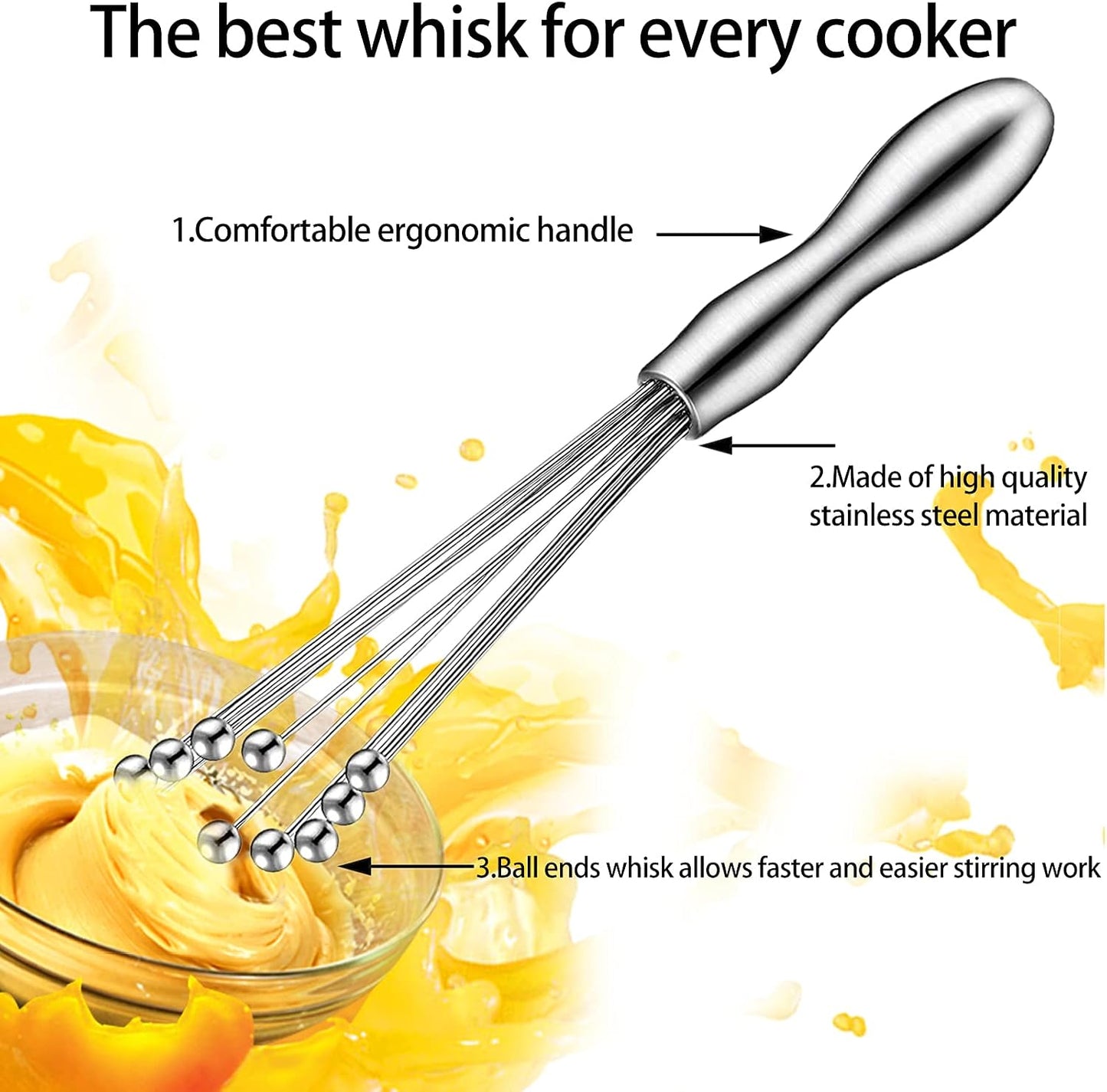 2 Pack Ball Whisk Stainless Steel, Excellent for Eggs | Wisk with Individual Ball Wires; 10 Ball Head, Ergonomic Handle, Easy to Clean; for Eggs, Sauces, and Dressings