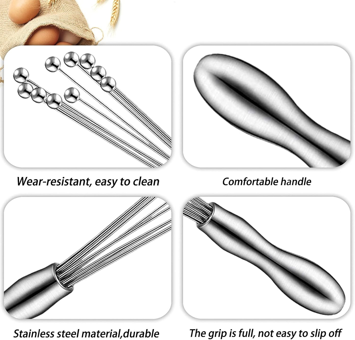 2 Pack Ball Whisk Stainless Steel, Excellent for Eggs | Wisk with Individual Ball Wires; 10 Ball Head, Ergonomic Handle, Easy to Clean; for Eggs, Sauces, and Dressings