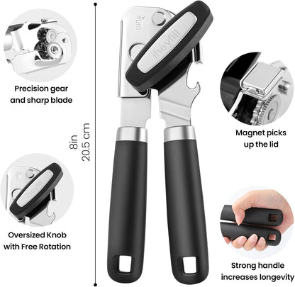 Manual Can Opener with Magnet Lid Lifter,Heavy Duty Handheld Tin Opener and Bottle Opener for Seniors with Smooth Edge Cut,Sharp Cutting Blade, Easy Turn Knob