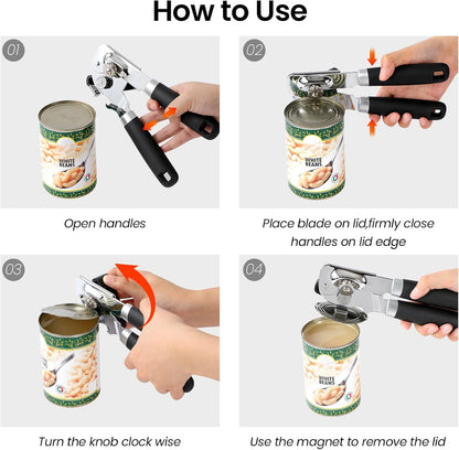 Manual Can Opener with Magnet Lid Lifter,Heavy Duty Handheld Tin Opener and Bottle Opener for Seniors with Smooth Edge Cut,Sharp Cutting Blade, Easy Turn Knob