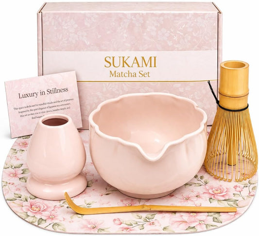 Ceramic Matcha Set – Complete Matcha Kit with Bowl, Whisk & Holder – Sakura Japanese Tea Ceremony Set – Easy Starter Matcha Set for Beginners – Matcha Gift Set