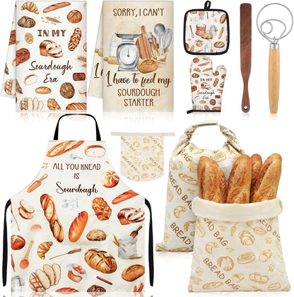 8 Pcs Sourdough Baking Gifts Set Inchude Sourdough Beeswax Bread Bag Towels Apron Oven Mitts Mat Spatula Dough Whisk Bread Making Tools Kit for Bakers Women Mom Gifts
