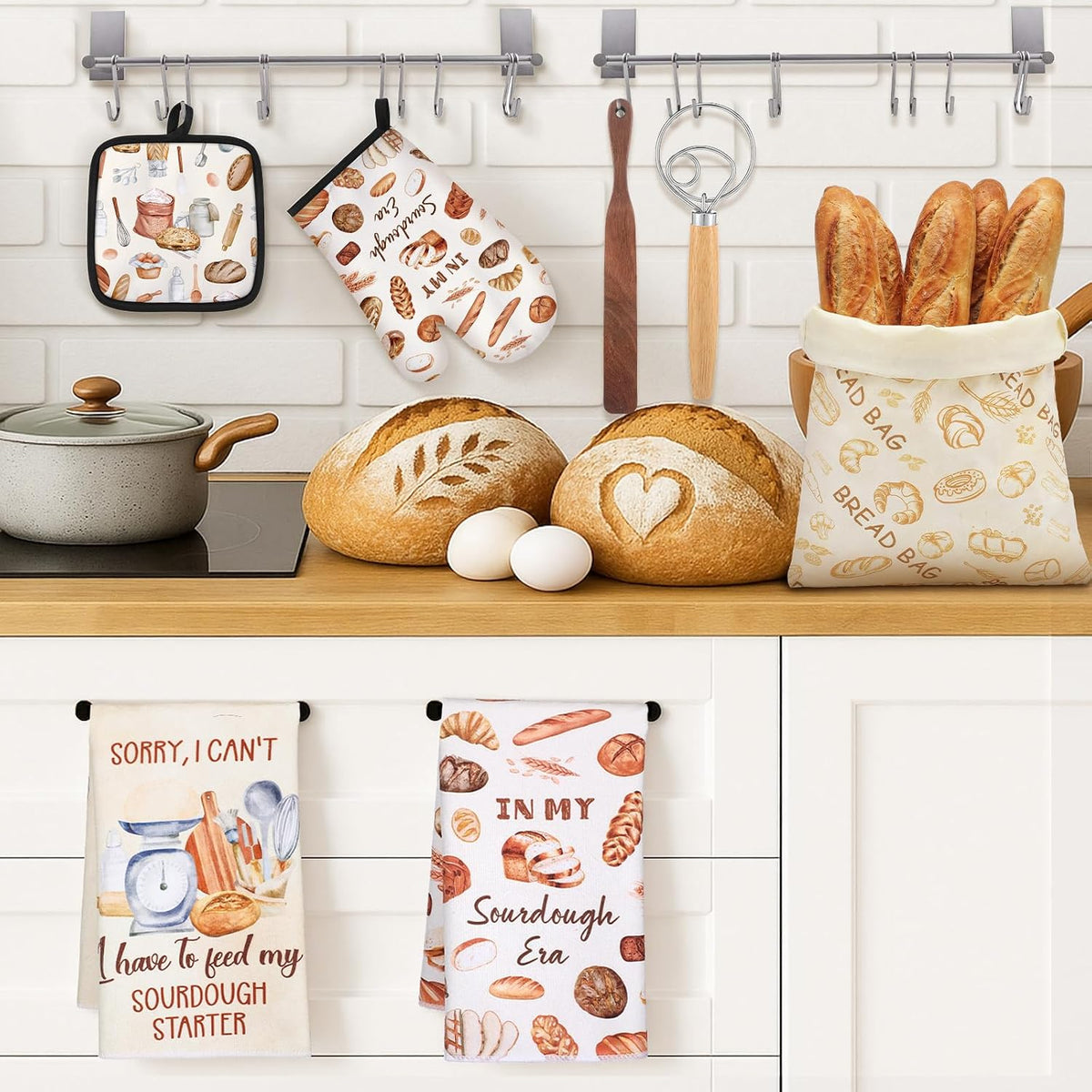 8 Pcs Sourdough Baking Gifts Set Inchude Sourdough Beeswax Bread Bag Towels Apron Oven Mitts Mat Spatula Dough Whisk Bread Making Tools Kit for Bakers Women Mom Gifts