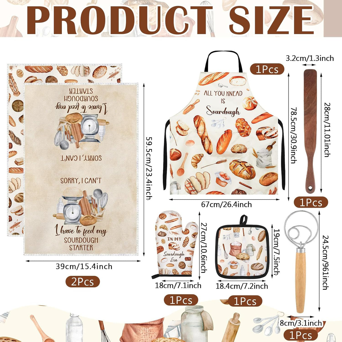 8 Pcs Sourdough Baking Gifts Set Inchude Sourdough Beeswax Bread Bag Towels Apron Oven Mitts Mat Spatula Dough Whisk Bread Making Tools Kit for Bakers Women Mom Gifts