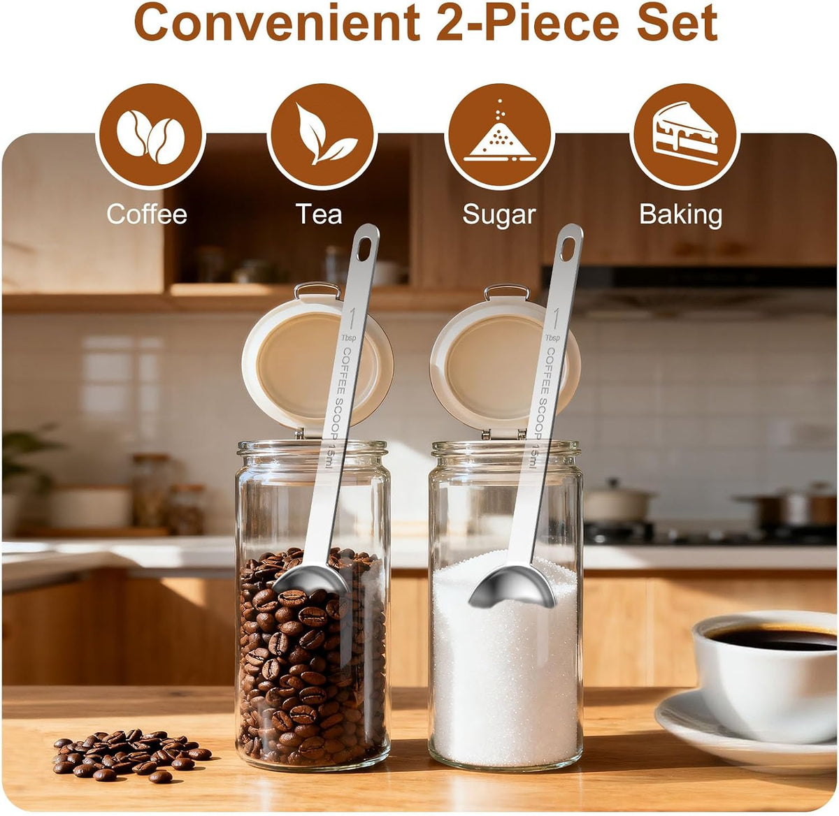 4PCS Coffee Scoop Spoons, 15ML (1 Tablespoon) Stainless Steel Measuring Spoons with Long Handle, Durable Coffee Scoopers for Ground Coffee, Tea and Baking Powder