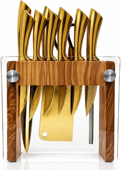 Luxury Gold Kitchen Accessories Set – Super Sharp Pizza Cutter Wheel, Garlic Press Rocker, Y Peeler, Serrated Pie & Cake Server – Premium Titanium-Coated Stainless Steel Flatware