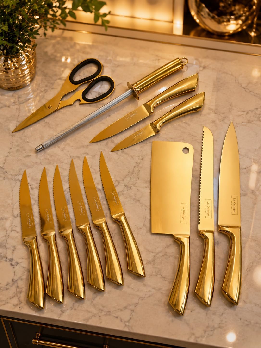 Luxury Gold Kitchen Accessories Set – Super Sharp Pizza Cutter Wheel, Garlic Press Rocker, Y Peeler, Serrated Pie & Cake Server – Premium Titanium-Coated Stainless Steel Flatware