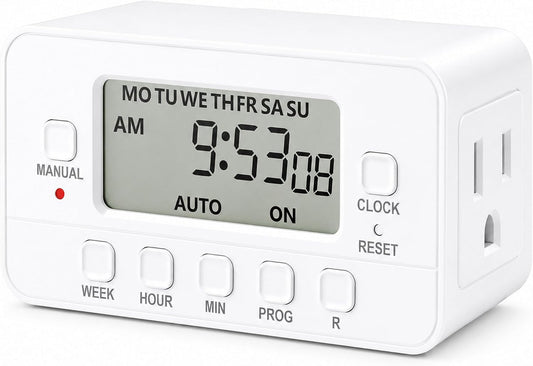Digital Timer Outlet,7 Day Programmable Plug Timer for Light Indoor | 8 ON/OFF Programs 3 Prong Dual Grounded Outlets Timer , Vacation Mode, Light Switch for Lamps, Coffee Makers, Fans,15A/1875W