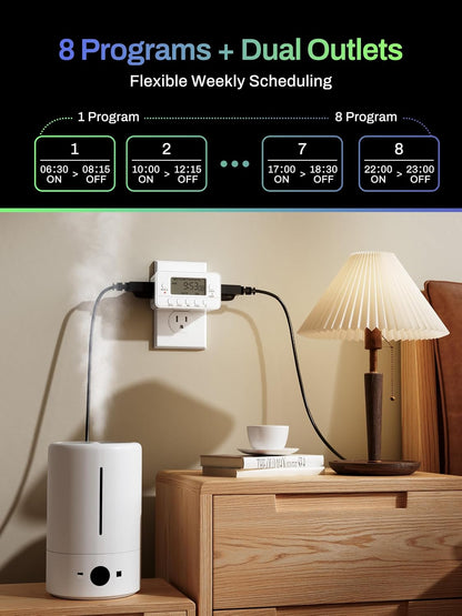 Digital Timer Outlet,7 Day Programmable Plug Timer for Light Indoor | 8 ON/OFF Programs 3 Prong Dual Grounded Outlets Timer , Vacation Mode, Light Switch for Lamps, Coffee Makers, Fans,15A/1875W