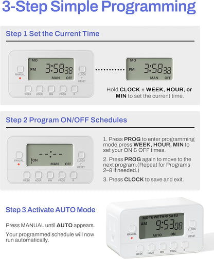 Digital Timer Outlet,7 Day Programmable Plug Timer for Light Indoor | 8 ON/OFF Programs 3 Prong Dual Grounded Outlets Timer , Vacation Mode, Light Switch for Lamps, Coffee Makers, Fans,15A/1875W