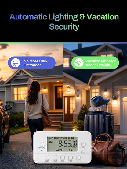 Digital Timer Outlet,7 Day Programmable Plug Timer for Light Indoor | 8 ON/OFF Programs 3 Prong Dual Grounded Outlets Timer , Vacation Mode, Light Switch for Lamps, Coffee Makers, Fans,15A/1875W