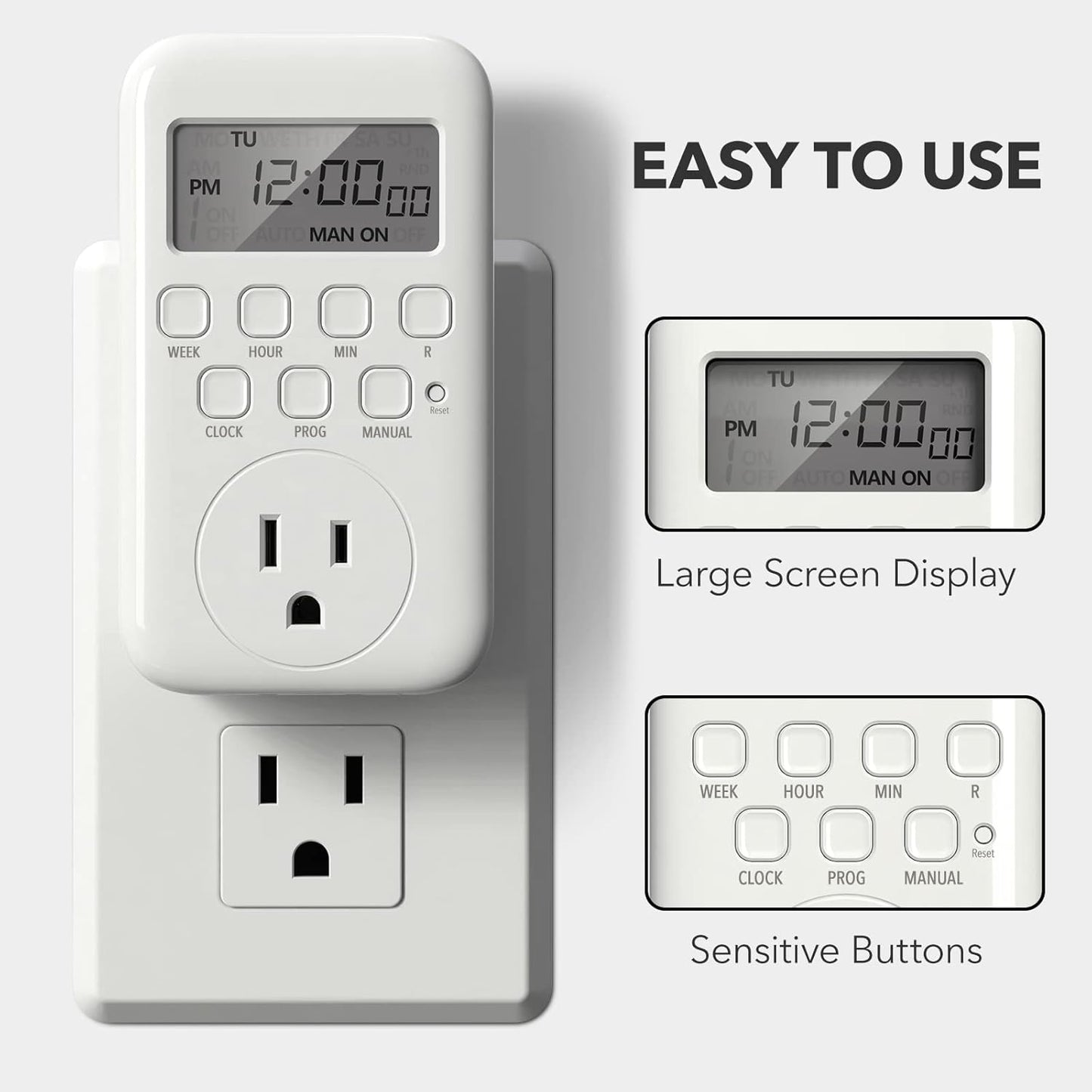 Digital Timer Outlet,7 Day Programmable Plug Timer for Light Indoor | 8 ON/OFF Programs 3 Prong Dual Grounded Outlets Timer , Vacation Mode, Light Switch for Lamps, Coffee Makers, Fans,15A/1875W
