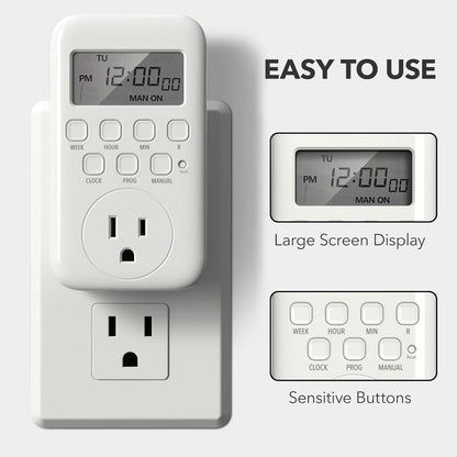 Digital Timer Outlet,7 Day Programmable Plug Timer for Light Indoor | 8 ON/OFF Programs 3 Prong Dual Grounded Outlets Timer , Vacation Mode, Light Switch for Lamps, Coffee Makers, Fans,15A/1875W