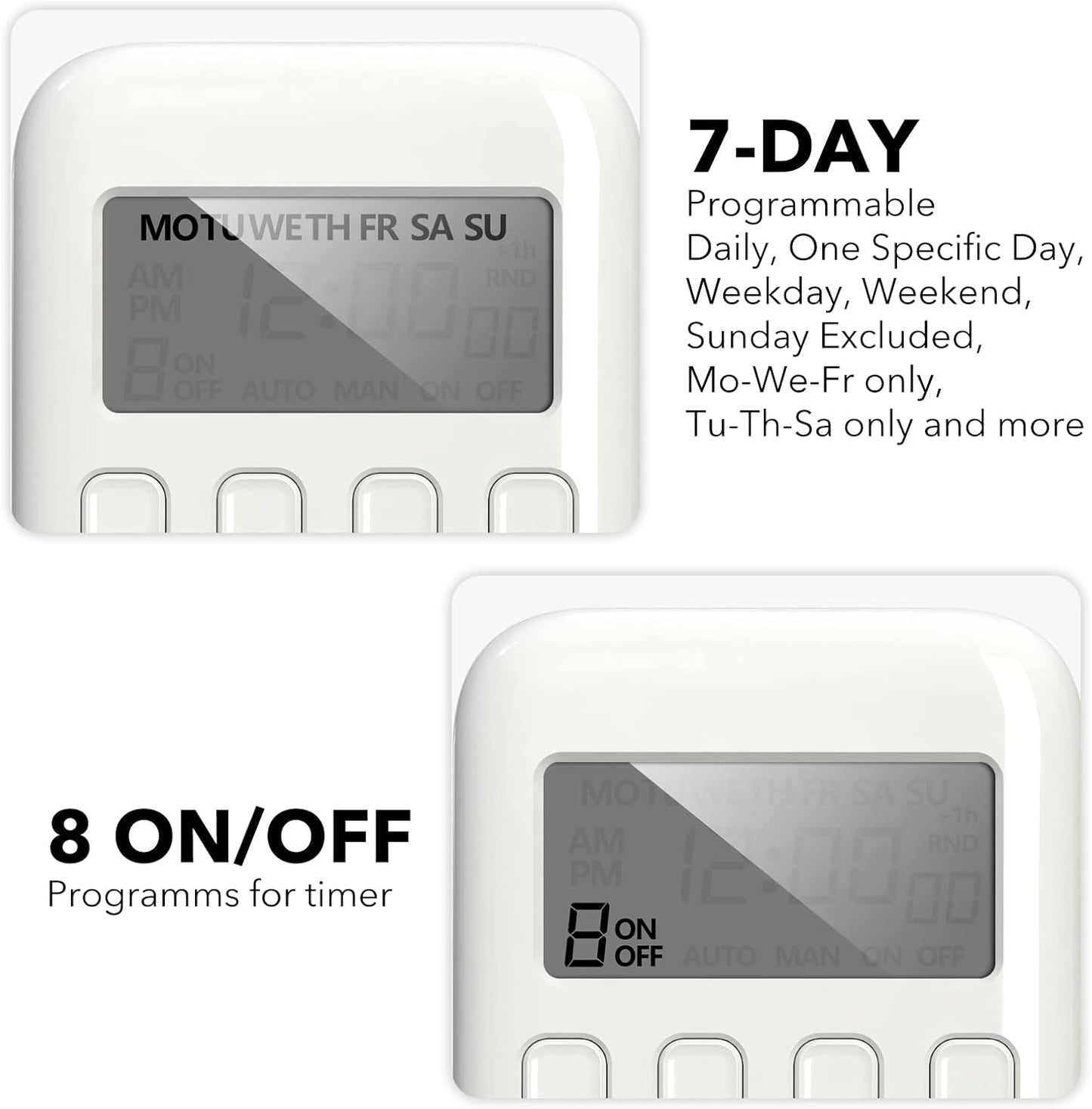 Digital Timer Outlet,7 Day Programmable Plug Timer for Light Indoor | 8 ON/OFF Programs 3 Prong Dual Grounded Outlets Timer , Vacation Mode, Light Switch for Lamps, Coffee Makers, Fans,15A/1875W
