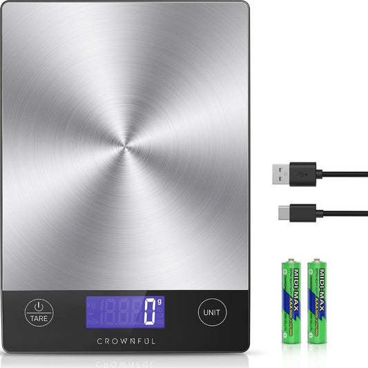 Food Scale, 33lb Rechargeable 304 Stainless Steel Digital Kitchen Scale Weight Grams and Ounces with LCD Display and Type-C Charging for Meal Prep, Baking and Cooking