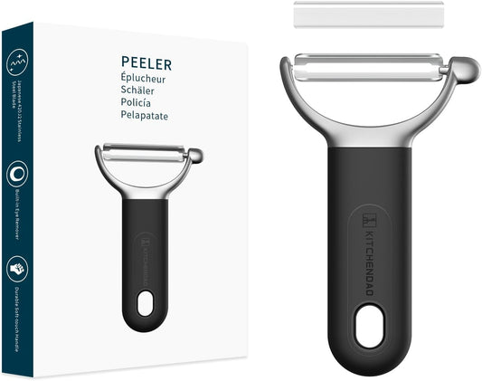Swivel Vegetable Potato Peeler for Kitchen, Japanese Stainless Steel Sharp Blade, Heavy Duty Die-cast Construction Y Peeler, Built-in Eye Remover, Soft-touch Handle, Dishwasher Safe, Black