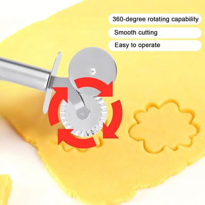 Double-Headed Pastry Cutter Wheel, Stainless Steel Dual-Head Pasta Crimper with Fluted & Straight Edge Cutting Kitchen Baking Making Tool for Ravioli Dough Pie Cracker Cinnamon Roll Pierogi