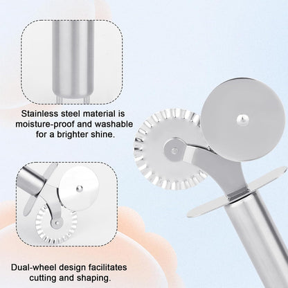 Double-Headed Pastry Cutter Wheel, Stainless Steel Dual-Head Pasta Crimper with Fluted & Straight Edge Cutting Kitchen Baking Making Tool for Ravioli Dough Pie Cracker Cinnamon Roll Pierogi
