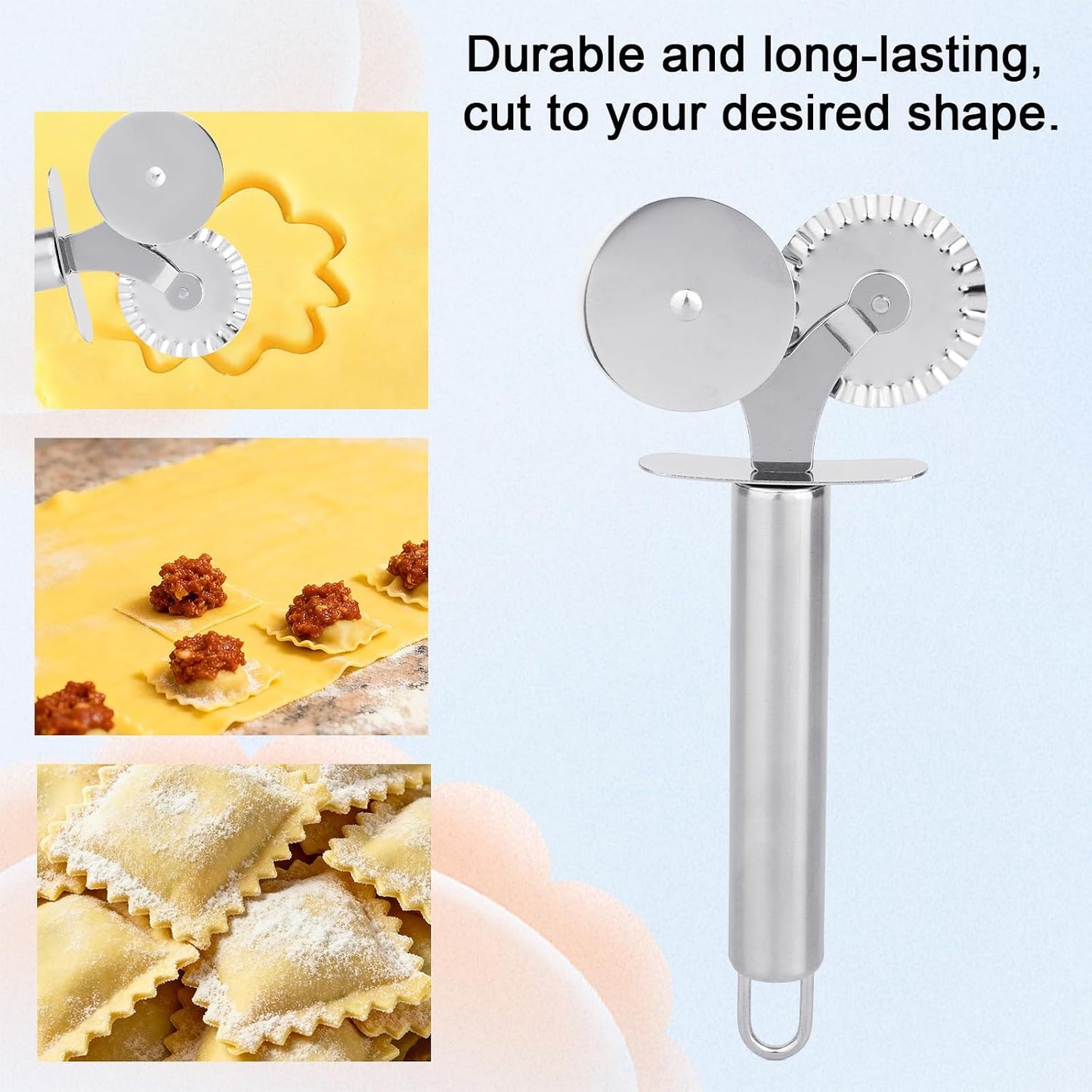 Double-Headed Pastry Cutter Wheel, Stainless Steel Dual-Head Pasta Crimper with Fluted & Straight Edge Cutting Kitchen Baking Making Tool for Ravioli Dough Pie Cracker Cinnamon Roll Pierogi