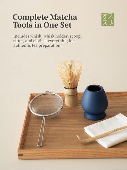 Matcha Whisk Set,Handmade Ceramic Bowl & Matcha Set,Stone Vein,6-Pc | 16.9 Oz Matcha Bowl with Spout, Bamboo Whisk (Chasen), Holder, Scoop, Sifter & Tea Cloth, Matcha Kit for Ceremony Gift