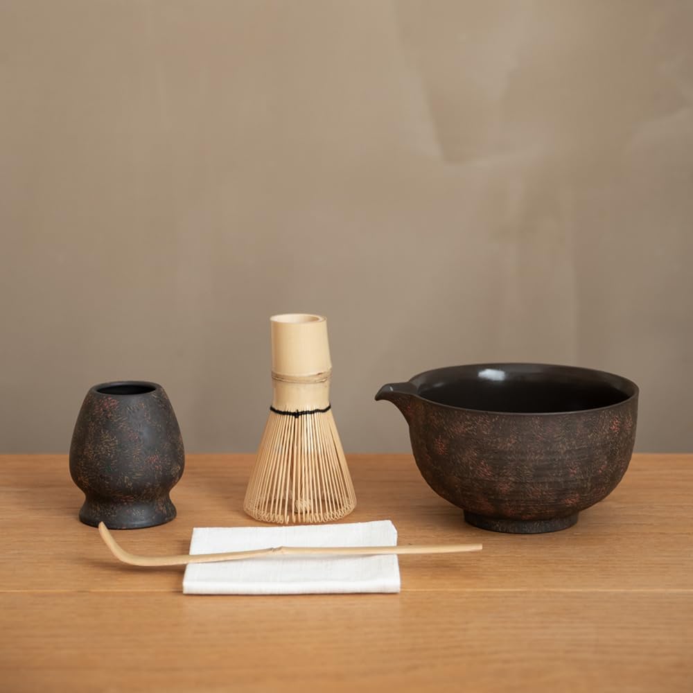 Matcha Whisk Set,Handmade Ceramic Bowl & Matcha Set,Stone Vein,6-Pc | 16.9 Oz Matcha Bowl with Spout, Bamboo Whisk (Chasen), Holder, Scoop, Sifter & Tea Cloth, Matcha Kit for Ceremony Gift