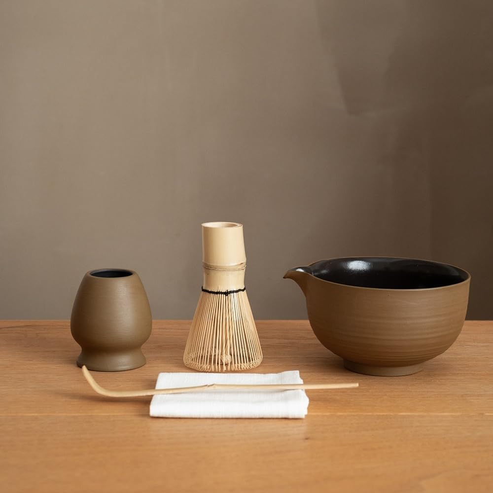 Matcha Whisk Set,Handmade Ceramic Bowl & Matcha Set,Stone Vein,6-Pc | 16.9 Oz Matcha Bowl with Spout, Bamboo Whisk (Chasen), Holder, Scoop, Sifter & Tea Cloth, Matcha Kit for Ceremony Gift