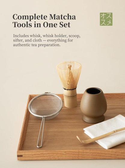 Matcha Whisk Set,Handmade Ceramic Bowl & Matcha Set,Stone Vein,6-Pc | 16.9 Oz Matcha Bowl with Spout, Bamboo Whisk (Chasen), Holder, Scoop, Sifter & Tea Cloth, Matcha Kit for Ceremony Gift